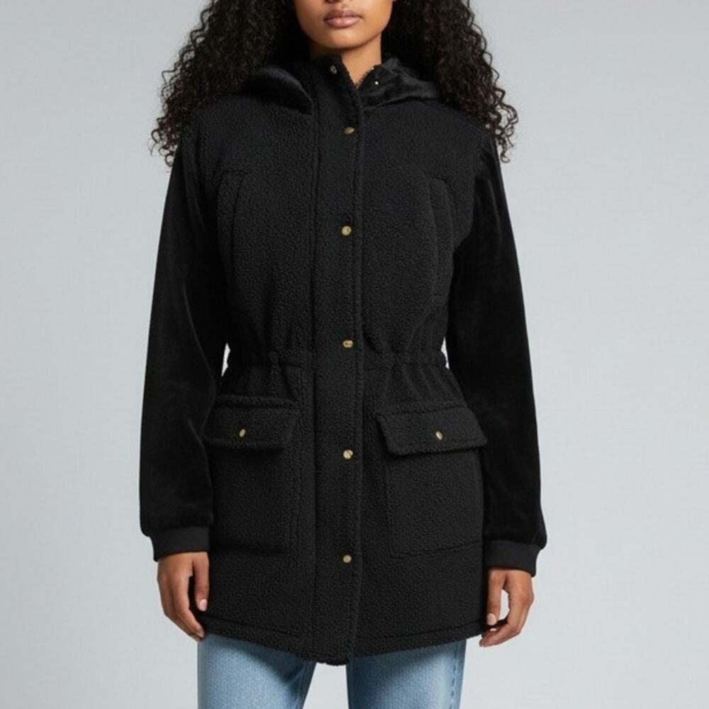 Eden Society Sherpa Coat Black Faux Fur Hooded Women's Size XS NWT